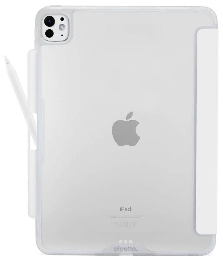 Widok tylny srebrnego iPada w przezroczystym etui ochronnym z bocznym uchwytem na Apple Pencil, logo Apple wyśrodkowane.
