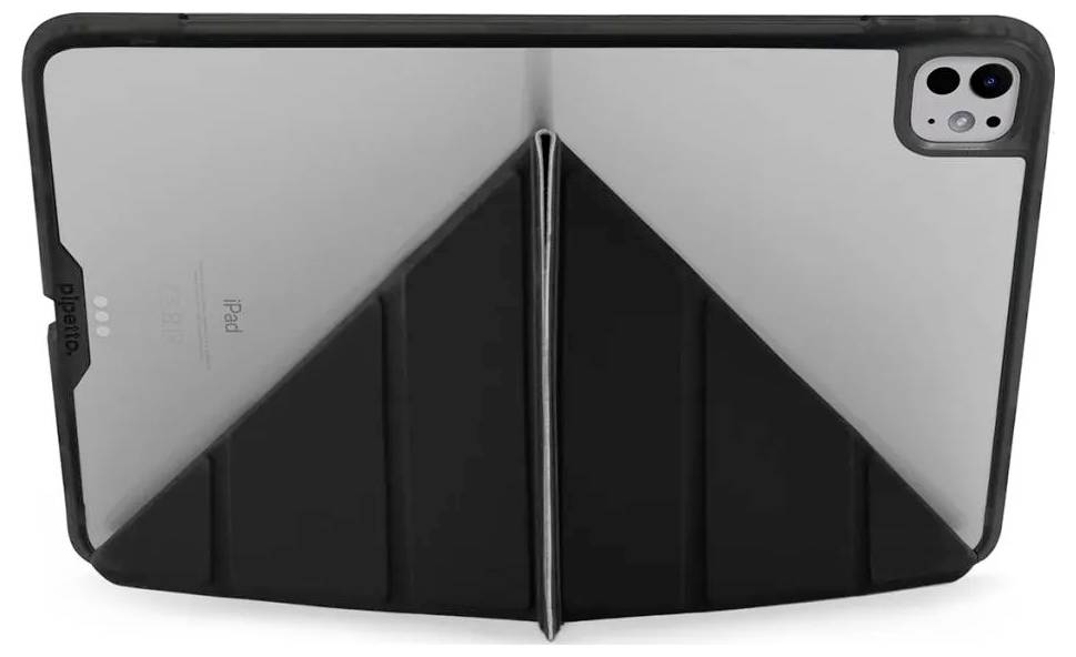 Czarne etui do tabletu w stylu foliantu z odkladalnym stojakiem, pokazane z tyłu iPada z widocznym wycięciem na aparat.