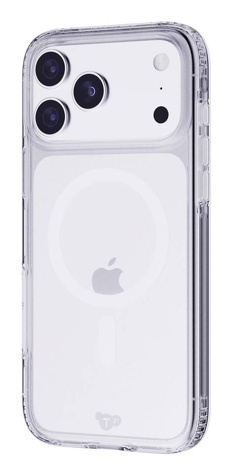 Przezroczyste etui na telefon na białym iPhonie, pokazujące trzy tylne kamery i logo Apple.