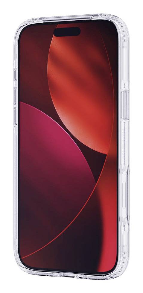 Smartfon pokazany frontem w przezroczystym etui ochronnym, wyświetlający czerwoną abstrakcyjną tapetę na ekranie.