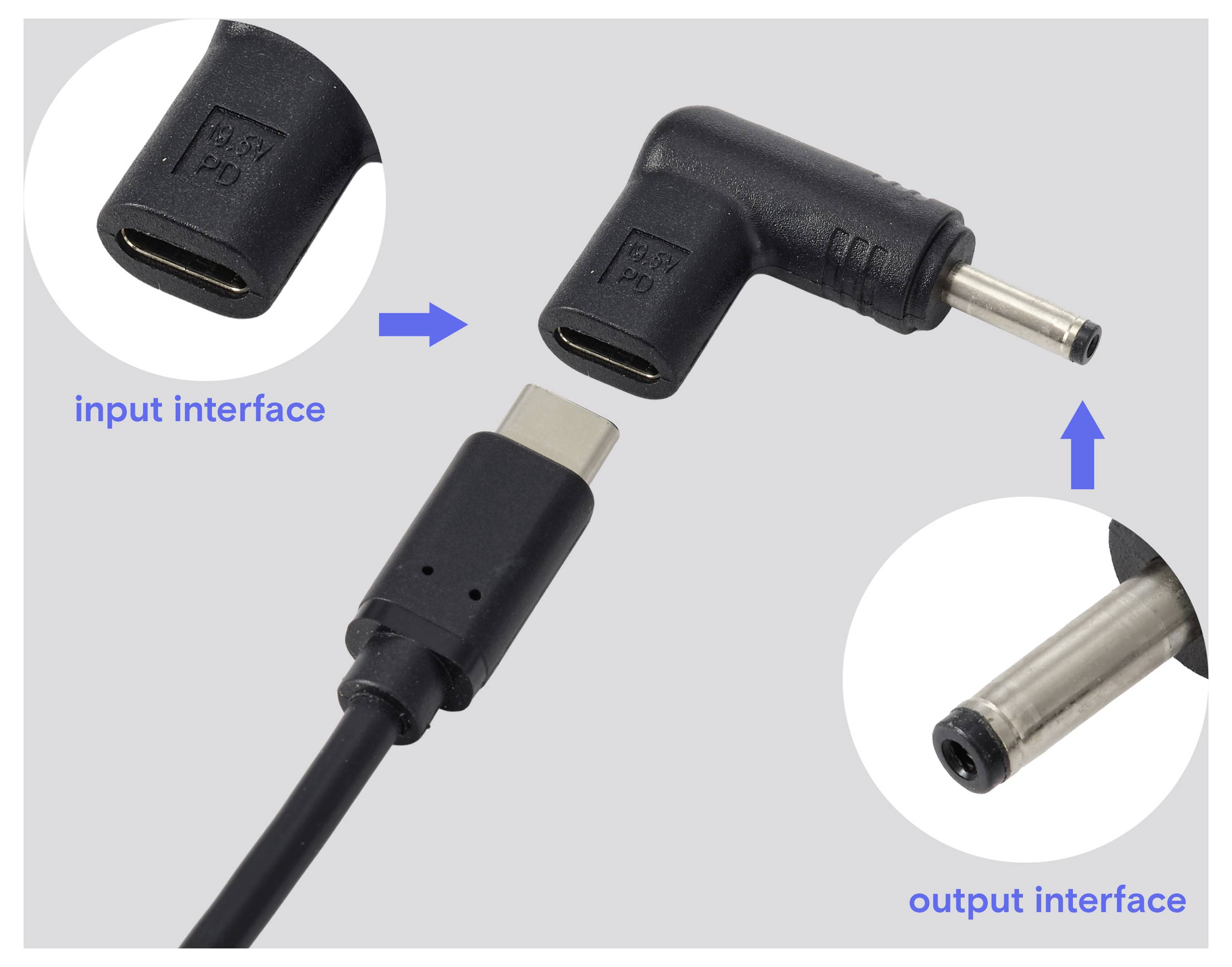 Diagram przedstawiający adapter USB-C pod kątem prostym z interfejsem wejściowym i interfejsem wyjściowym z metalowym wtyczką.