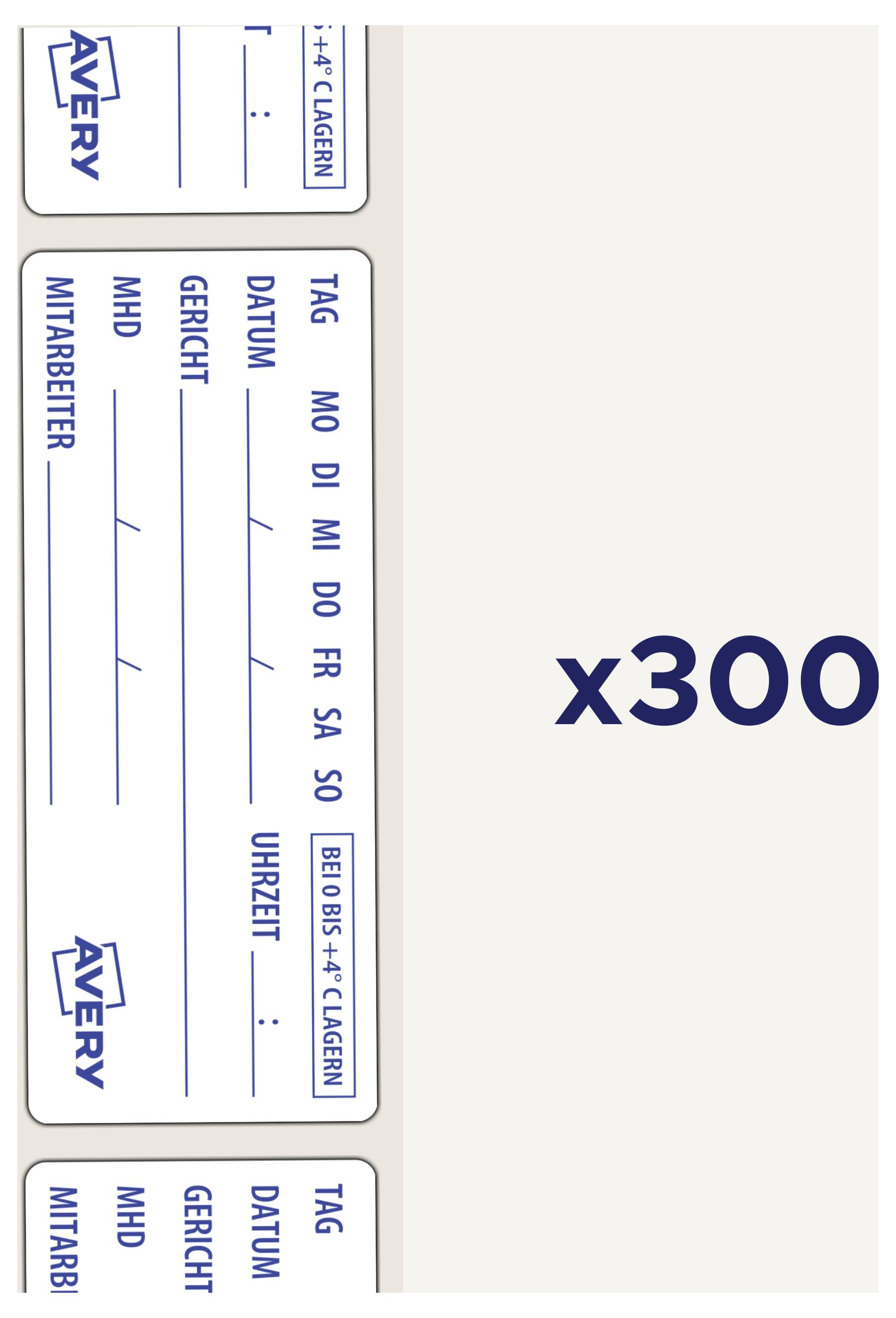 Zbliżenie na etykietę produktu z dużym tekstem „x300" oraz dwiema etykietami Avery pokazującymi niemieckie pola formularza takie jak „TAG", „DATUM", „GEWICHT" i „MHD".