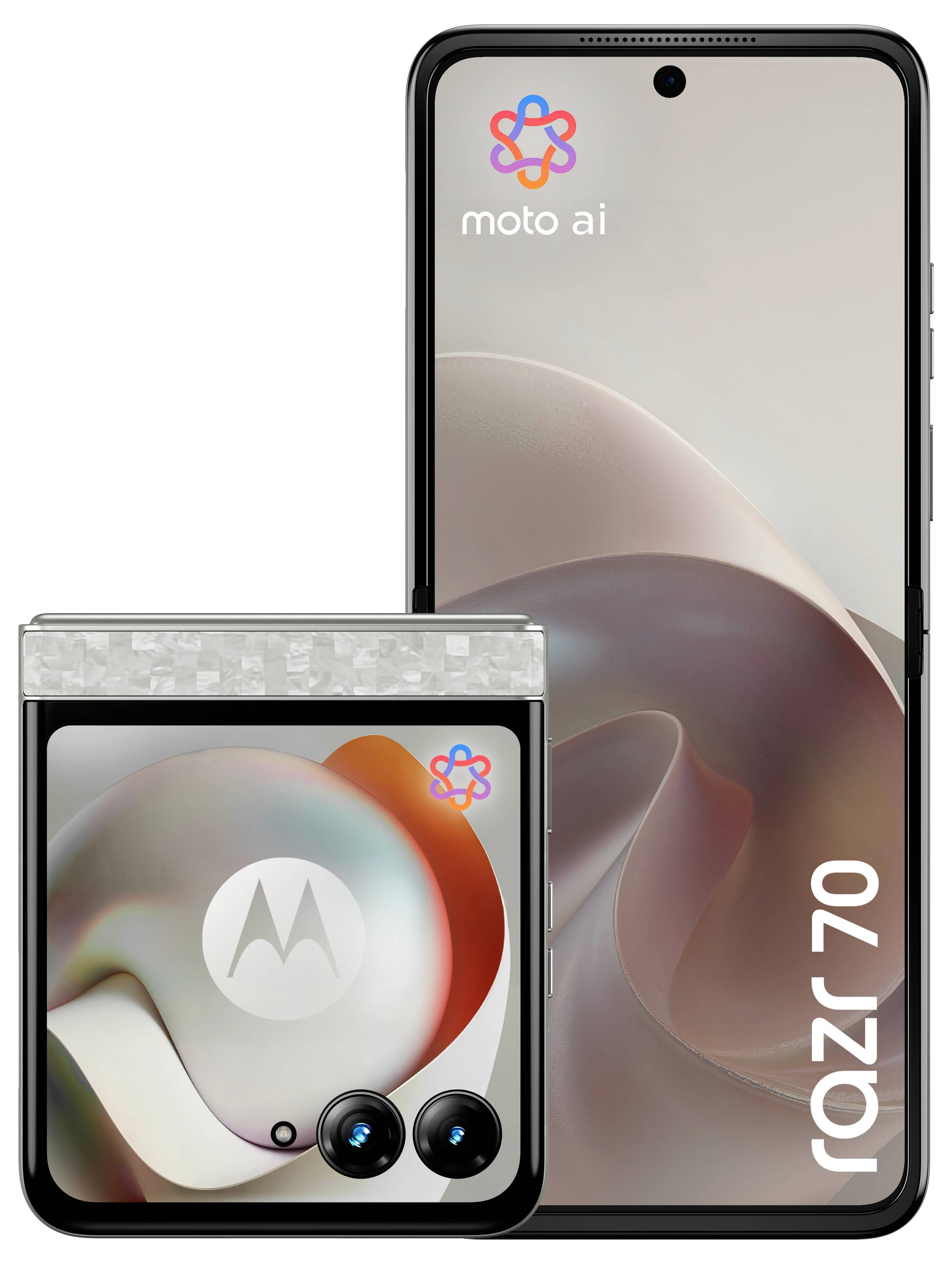 Promocyjny obraz składanego smartfona Motorola Razr 70, pokazany w stanie otwartym i zamkniętym z brandingiem "moto ai" na ekranie.