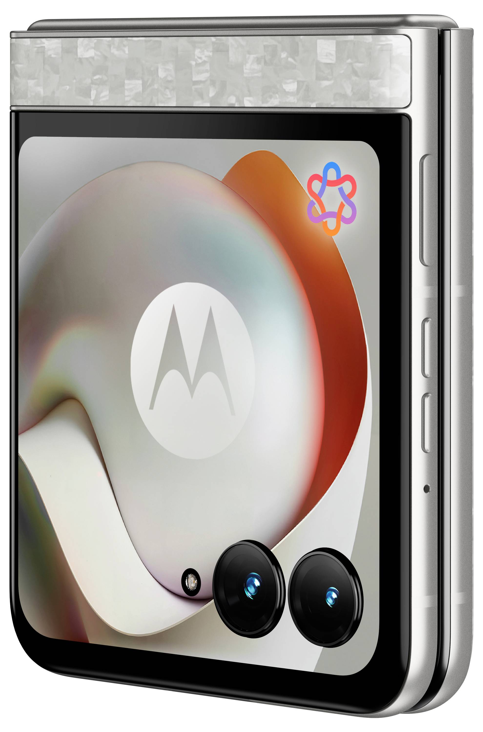 Motorola składany smartfon pokazany otwarty, wyświetlający kolorową abstrakcyjną tapetę i podwójne przednie kamery na dolnym ekranie.