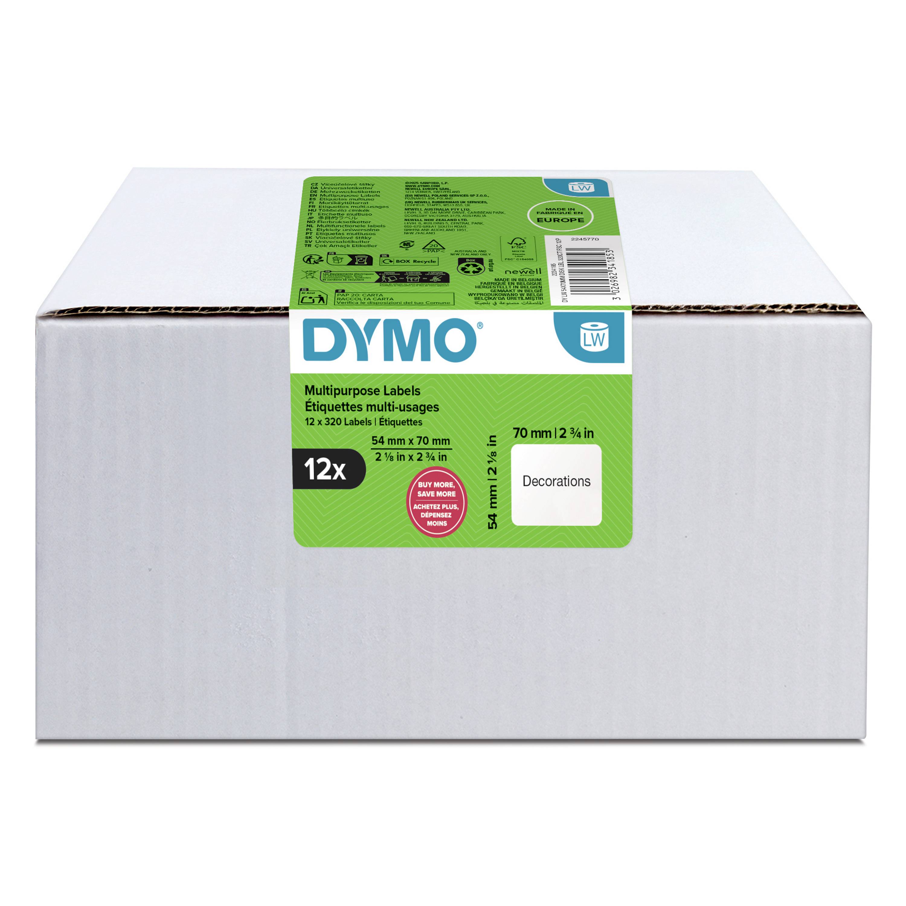 Pudełko etykiet wielofunkcyjnych DYMO, 12 rolek, do dekoracji o wymiarach 54 mm x 70 mm lub 70 mm x 2 cale.