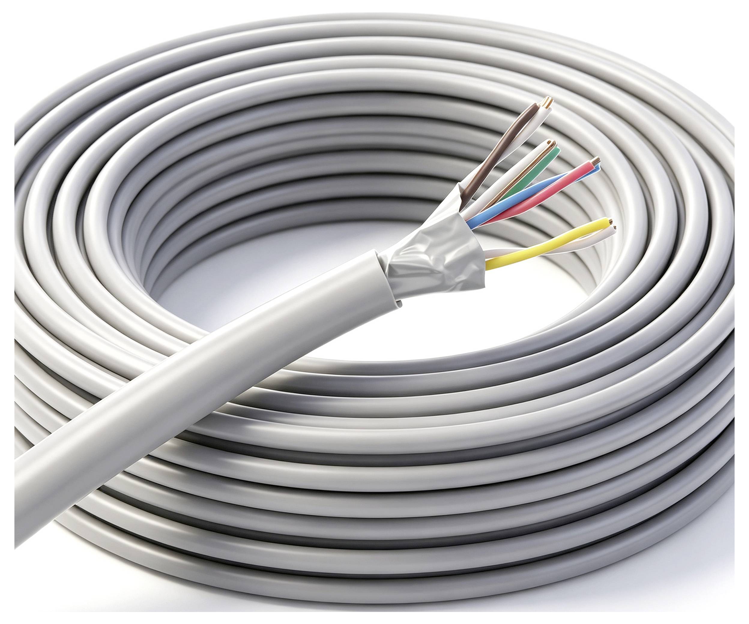 Zwinięty szary kabel elektryczny z widocznymi przewodami wewnętrznymi w kolorze czerwonym, niebieskim, żółtym, brązowym i białym na białym tle.