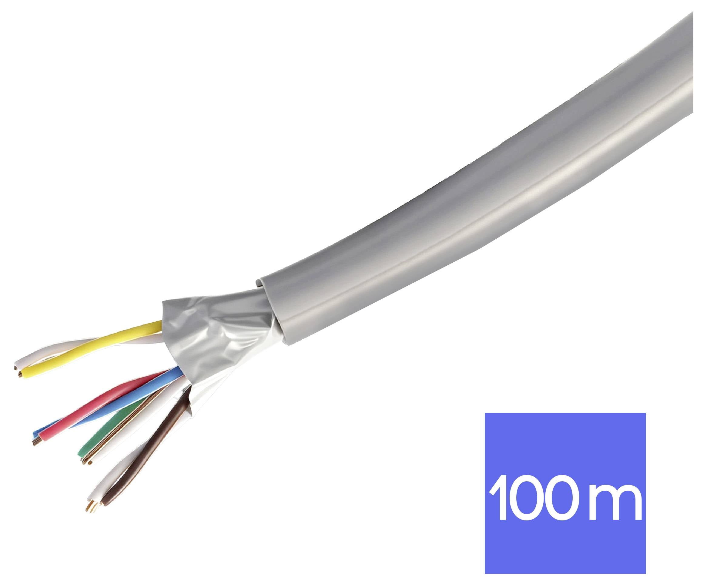 Szary wielordzeniowy kabel z widocznymi kolorowymi przewodami i etykietą "100m"