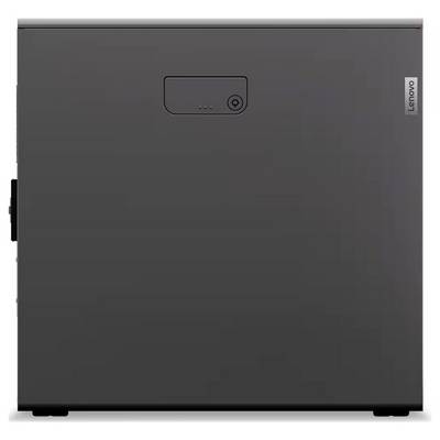 Widok frontalny zamkniętej ciemno szarej obudowy stacjonarnego komputera Lenovo z małym przyciskiem zasilania z przodu i lampkami statusu.