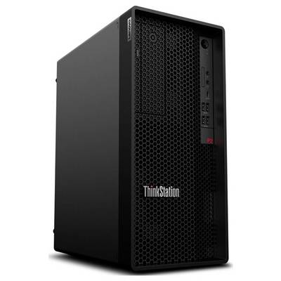 Czarny komputer stacjonarny Lenovo ThinkStation w obudowie typu wieża z siatką w kształcie plastra miodu na przedniej części i portami na przedzie.