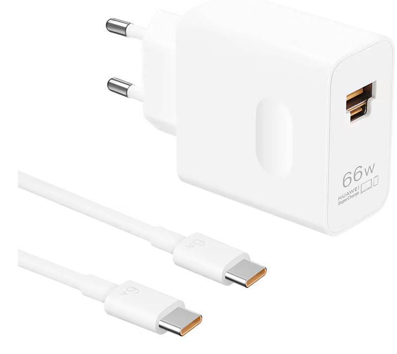 Biała ładowarka sieciowa USB 66W z wtyczką dwuprongową i portem USB-A, pokazana z dwoma przewodami ładowania USB-C.