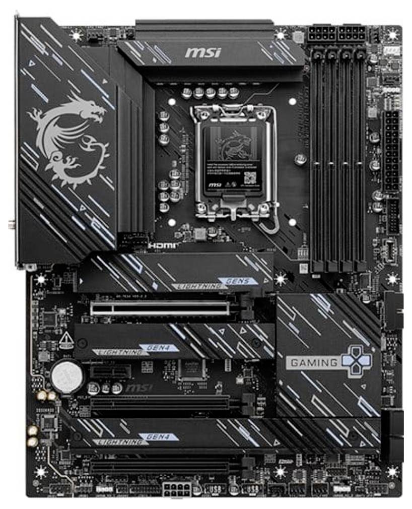 Płyta główna MSI do gier z gniazdem procesora Intel, czterema gniazdami RAM, wieloma gniazdami PCIe, radatorami ciepła i gniazdami pamięci M.2 pokazana z przodu.