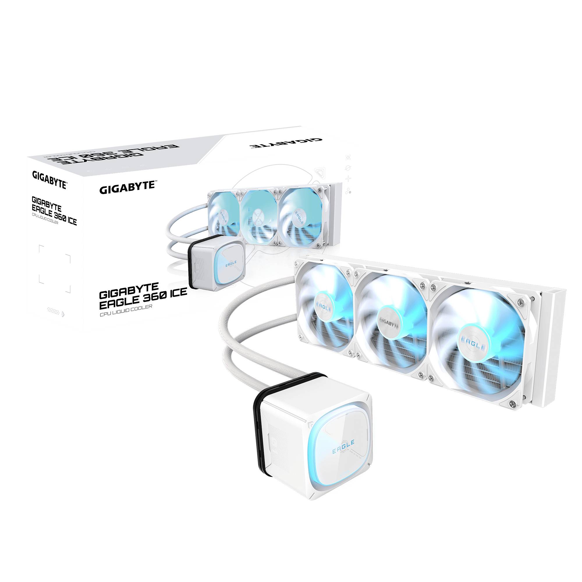 GIGABYTE EAGLE 360 ICE chłodnica procesora cieczy z radiatorem RGB z trzema wentylatorami, pompą, rurkami i opakowaniem detalicznym na białym tle.