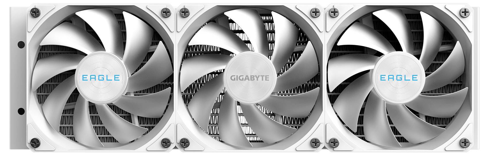 Trzy białe wentylatory karty graficznej Gigabyte Eagle ustawione obok siebie, ze środkowym wentylatorem oznaczonym napisem „GIGABYTE" i zewnętrznymi wentylatorami oznaczonymi napisem „EAGLE".