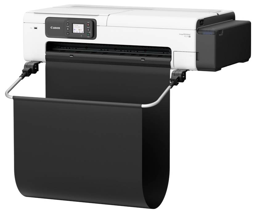 Duża drukarka Canon do druku szerokoformatowego z rolką czarnego papieru przechodzącą przez przedni wyjściowy magazyn.