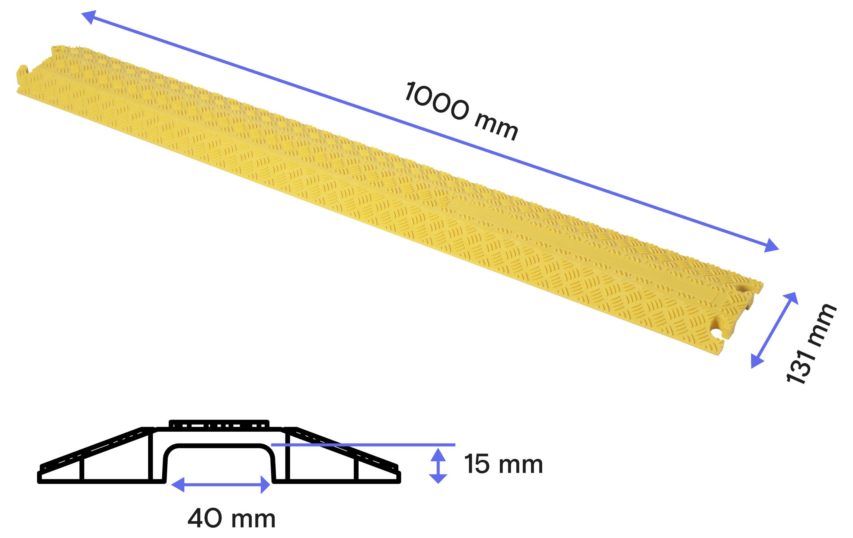 Diagram produktu żółtej rampy na kable, pokazujący wymiary: długość 1000 mm, szerokość 131 mm, wysokość 15 mm, z kanałem na kable o szerokości 40 mm.