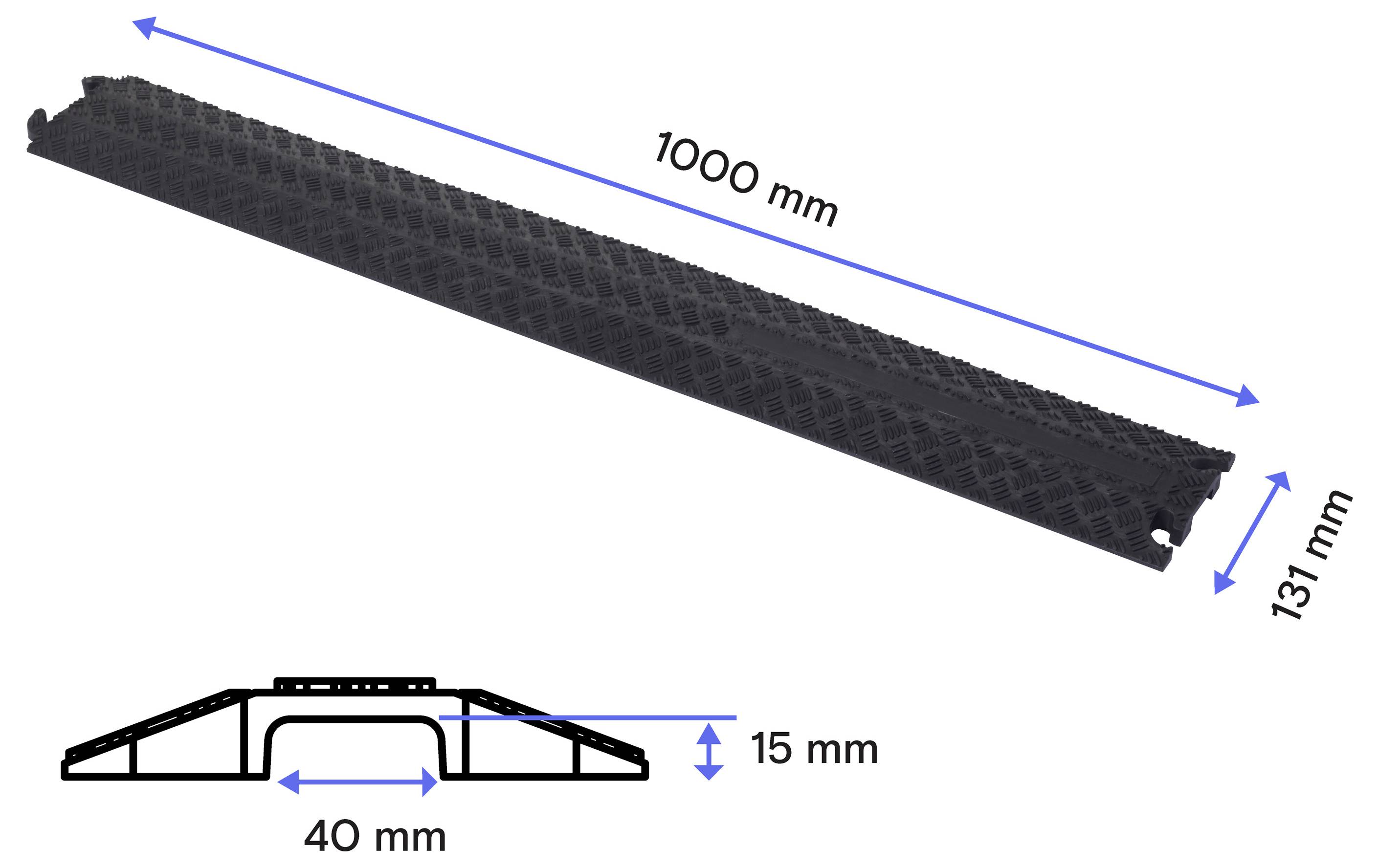 Czarny prostokątny panel teksturowany pokazany w perspektywie i widoku z boku, oznaczony długością 1000 mm, szerokością 131 mm i wysokością 15 mm z otworem 40 mm w centrum.