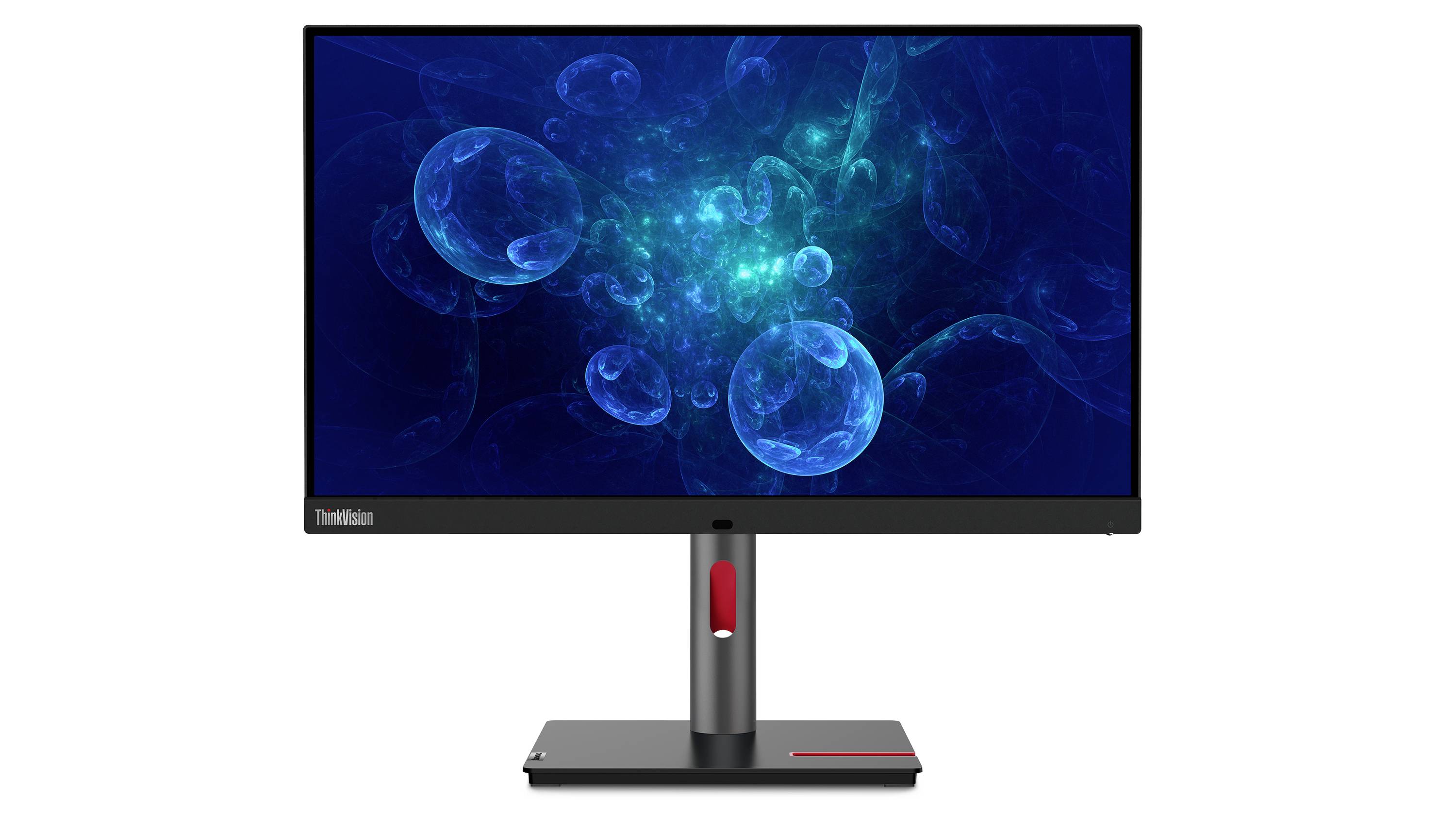 Monitor Lenovo ThinkVision na podstawie wyświetlający niebieskie abstrakcyjne bąbelki na ciemnym ekranie.
