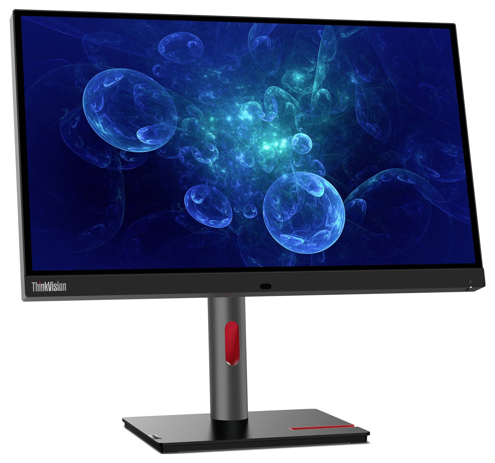 Czarny monitor ThinkVision na statywie wyświetla niebieskie abstrakcyjne przedstawienie ze świecącymi bąbelkami na ciemnym tle.
