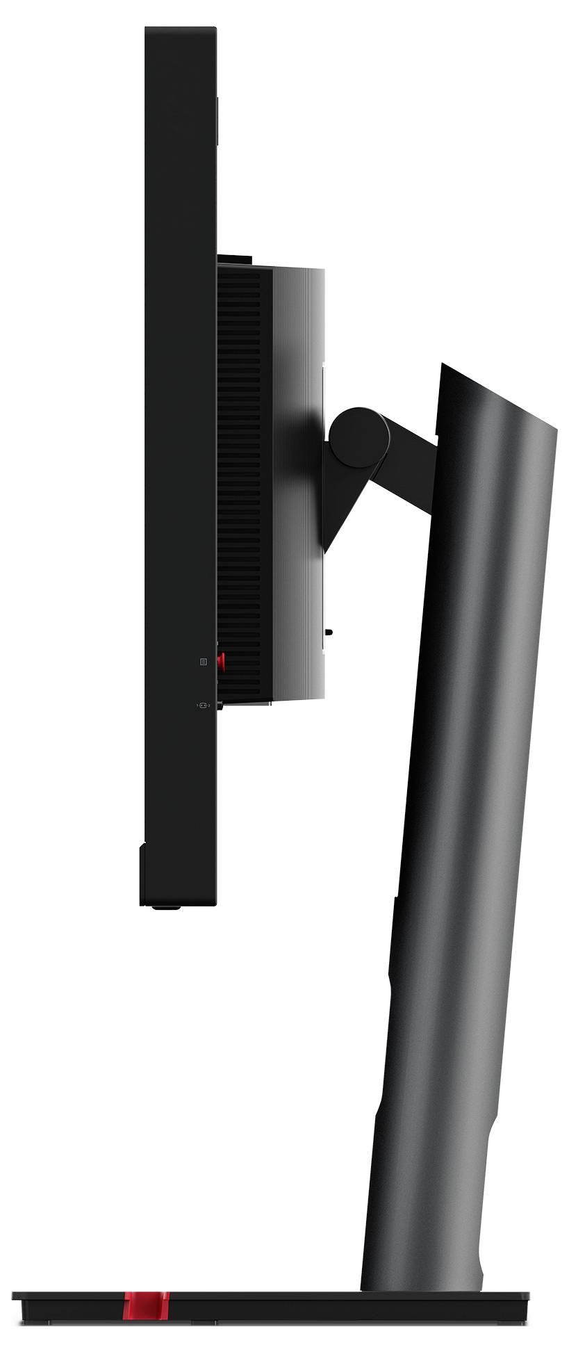 Widok z boku monitora stacjonarnego na podstawie, pokazujący cienki profil ekranu i regulowaną podstawę o zmiennym kącie nachylenia.