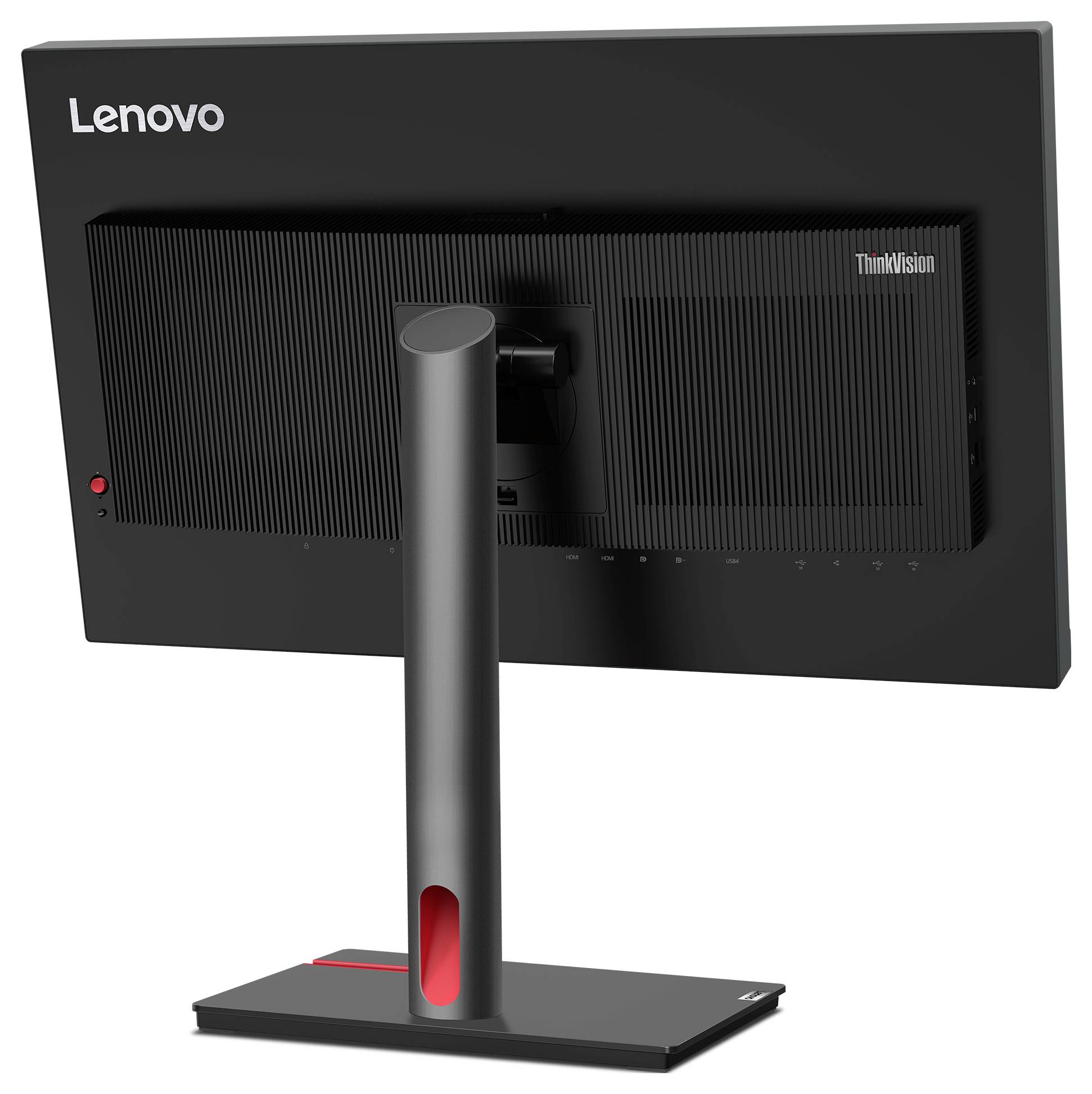 Widok z tyłu monitora komputerowego Lenovo ThinkVision na statywie, pokazujący regulowaną kolumnę centralną i podstawę.