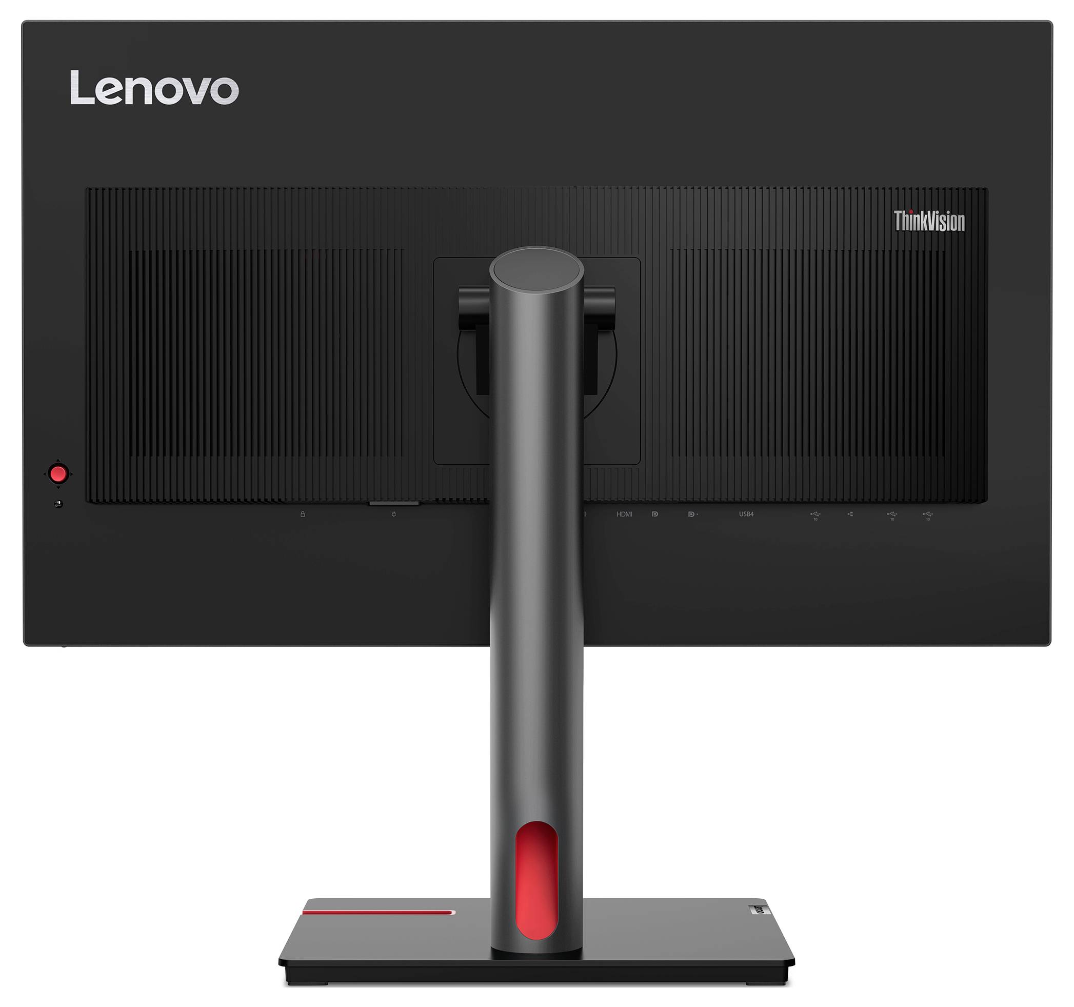 Widok tylny monitora Lenovo ThinkVision ze środkowym stojakiem i czerwonym przyciskiem zasilania, pokazujący panel tylny i zarządzanie kablami.