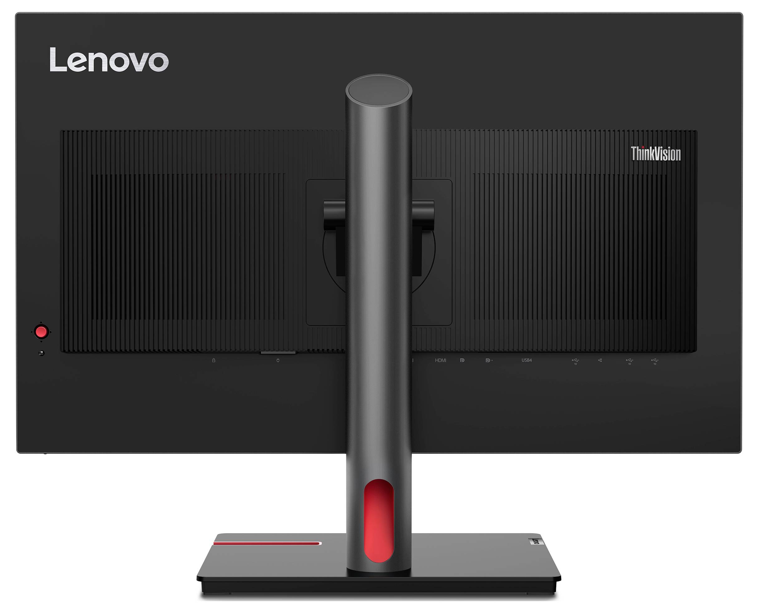 Widok z tyłu monitora Lenovo ThinkVision na statywie, pokazujący panel tylny, centralny uchwyt i logo.