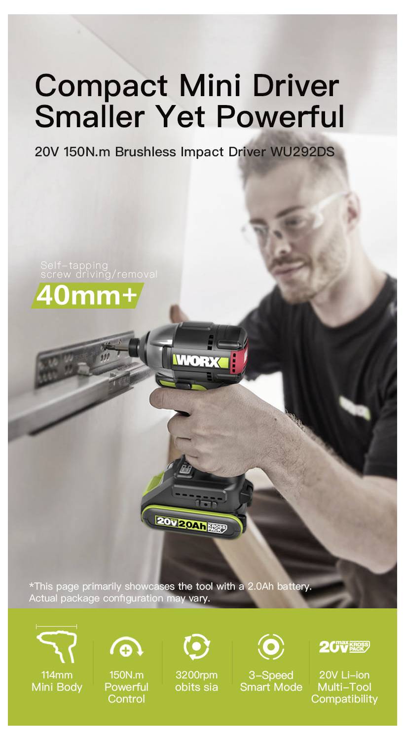 Reklama kompaktowego bezszczotkowego wkrętarki udarowej WORX 20V, pokazująca mężczyznę pracującego narzędziem i podkreślająca dostęp 40mm+, moc 150N.m, 3200 obr./min oraz kompatybilność akumulatora 20V.