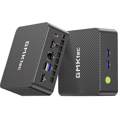 Dwa miniaturowe komputery GMKtec pokazane na zdjęciu, wyposażone w obudowy w czarno-białą szachownicę z widocznymi portami USB, Ethernet, audio i przyciskiem zasilania.