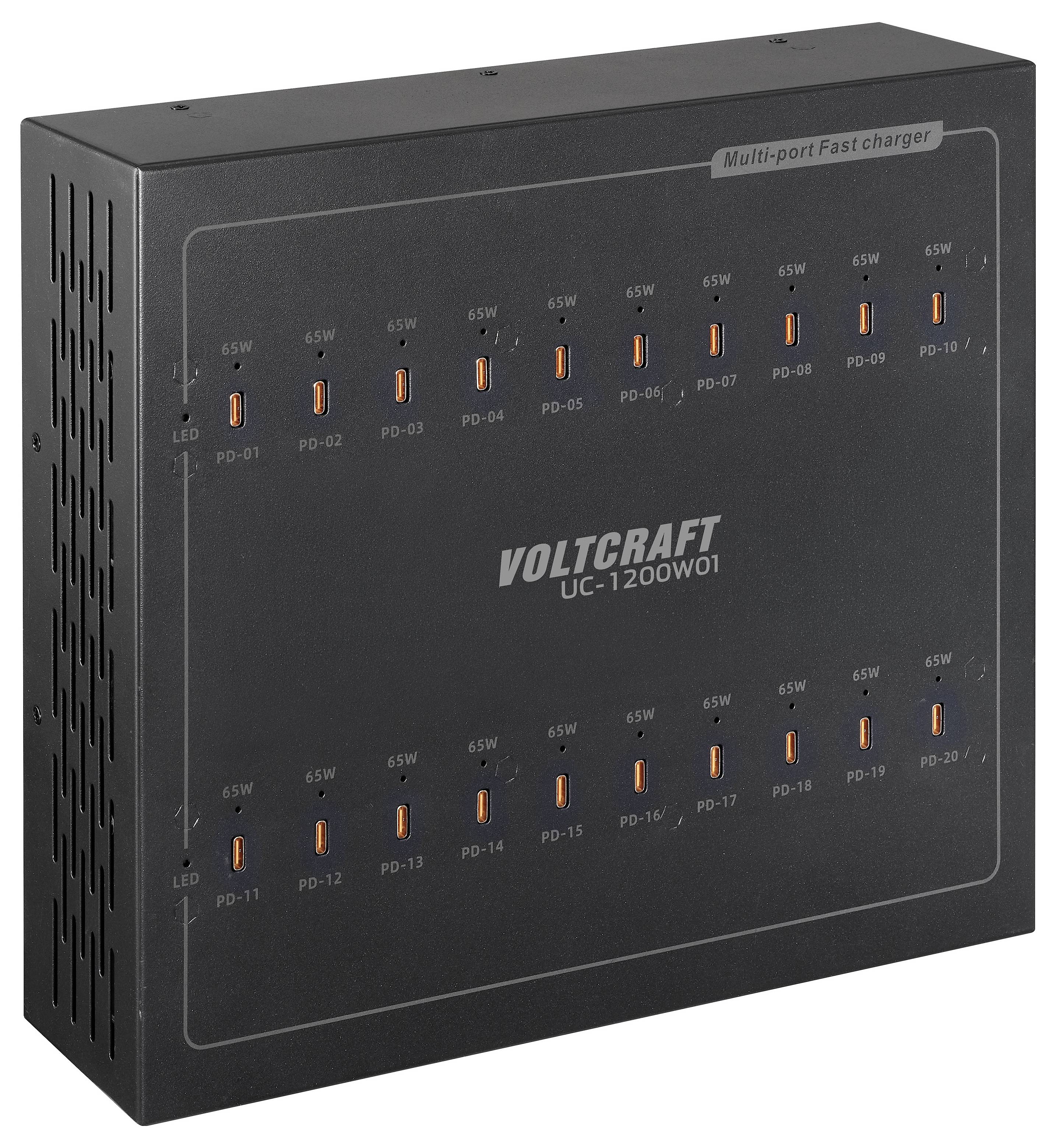 Czarna szybka ładowarka wieloportowa VOLTCRAFT UC-1200W01 z 20 pomarańczowymi portami USB-C, każdy oznaczony 65W.