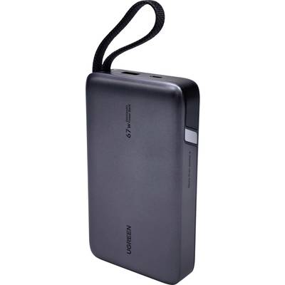 Czarna przenośna bateria powerbank UGREEN 67W z wbudowanym paskiem do noszenia i widocznymi portami ładowania na górze.