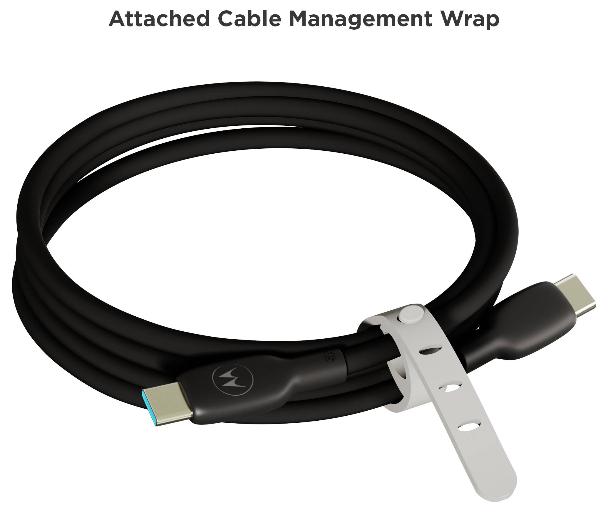 Czarny kabel USB-C zawinięty w dołączony srebrny pasek do zarządzania kablami, oznaczony "Attached Cable Management Wrap".