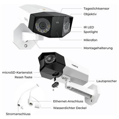 Widok rozstrzelony kamery bezpieczeństwa Reolink z oznaczonymi częściami: czujnik dzienny, obiektyw, reflektor LED IR, mikrofon, uchwyt, gniazdo microSD, przycisk resetowania, głośnik, port Ethernet, wodoodporna osłona i złącze zasilania.