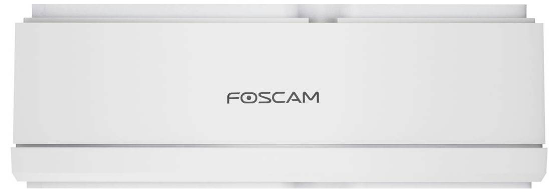 Biała kamera bezpieczeństwa Foscam lub urządzenie z logo FOSCAM wycentrowanym na jasnym szarym panelu frontalnym.