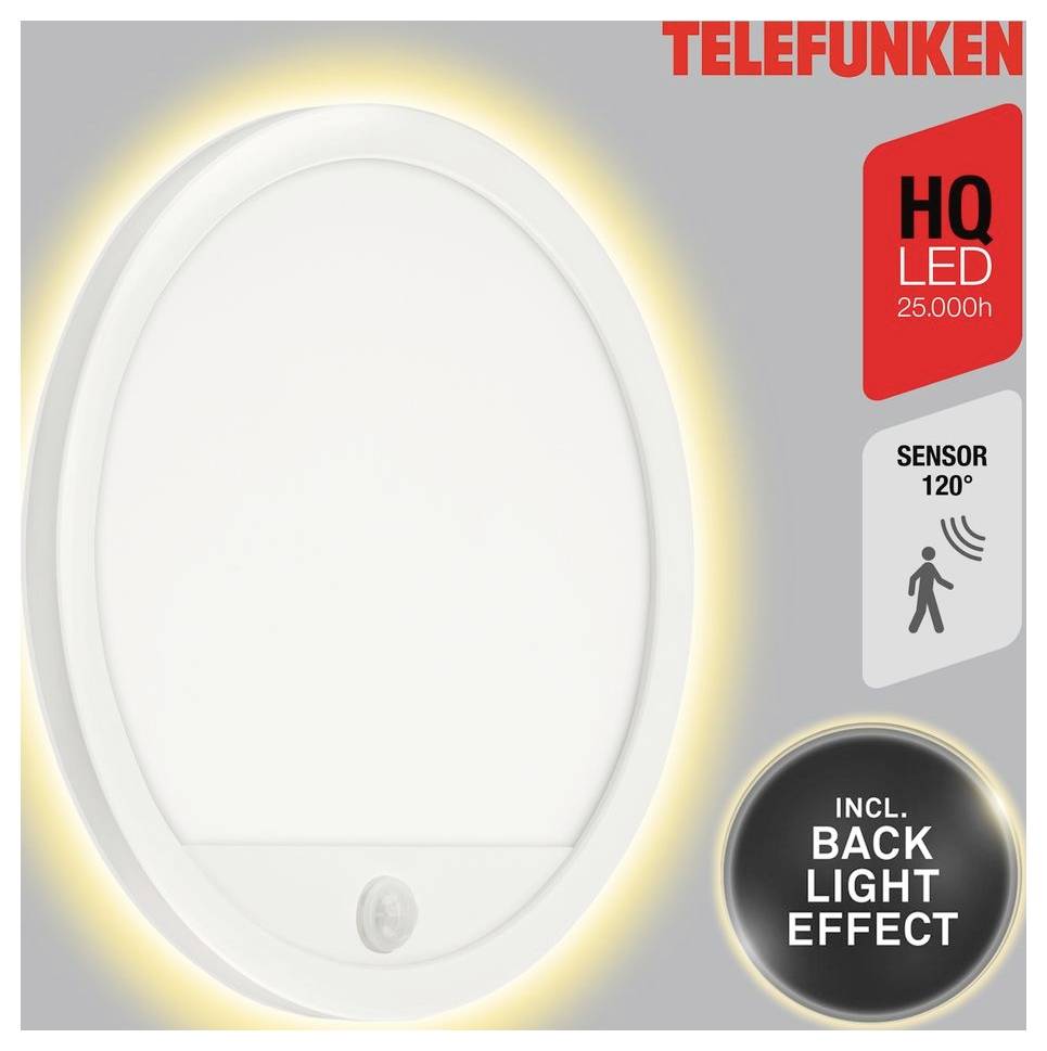 Owalny reflektor sufitowy LED Telefunken z czujnikiem ruchu, etykiety „HQ LED 25 000h", „Sensor 120°" i „w tym efekt podświetlenia".