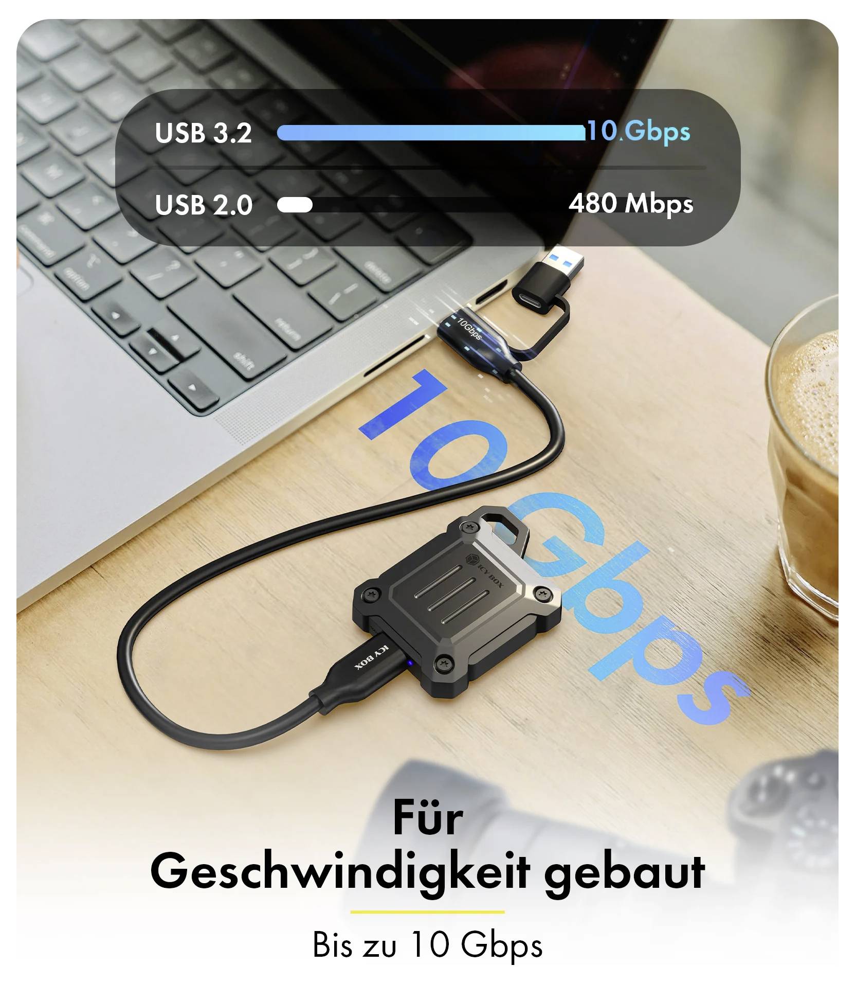 Promocyjny obraz solidnego koncentratora USB podłączonego do laptopa, podkreślający „USB 3.2 10 Gbps" wobec „USB 2.0 480 Mbps" i niemiecki tekst „Für Geschwindigkeit gebaut".