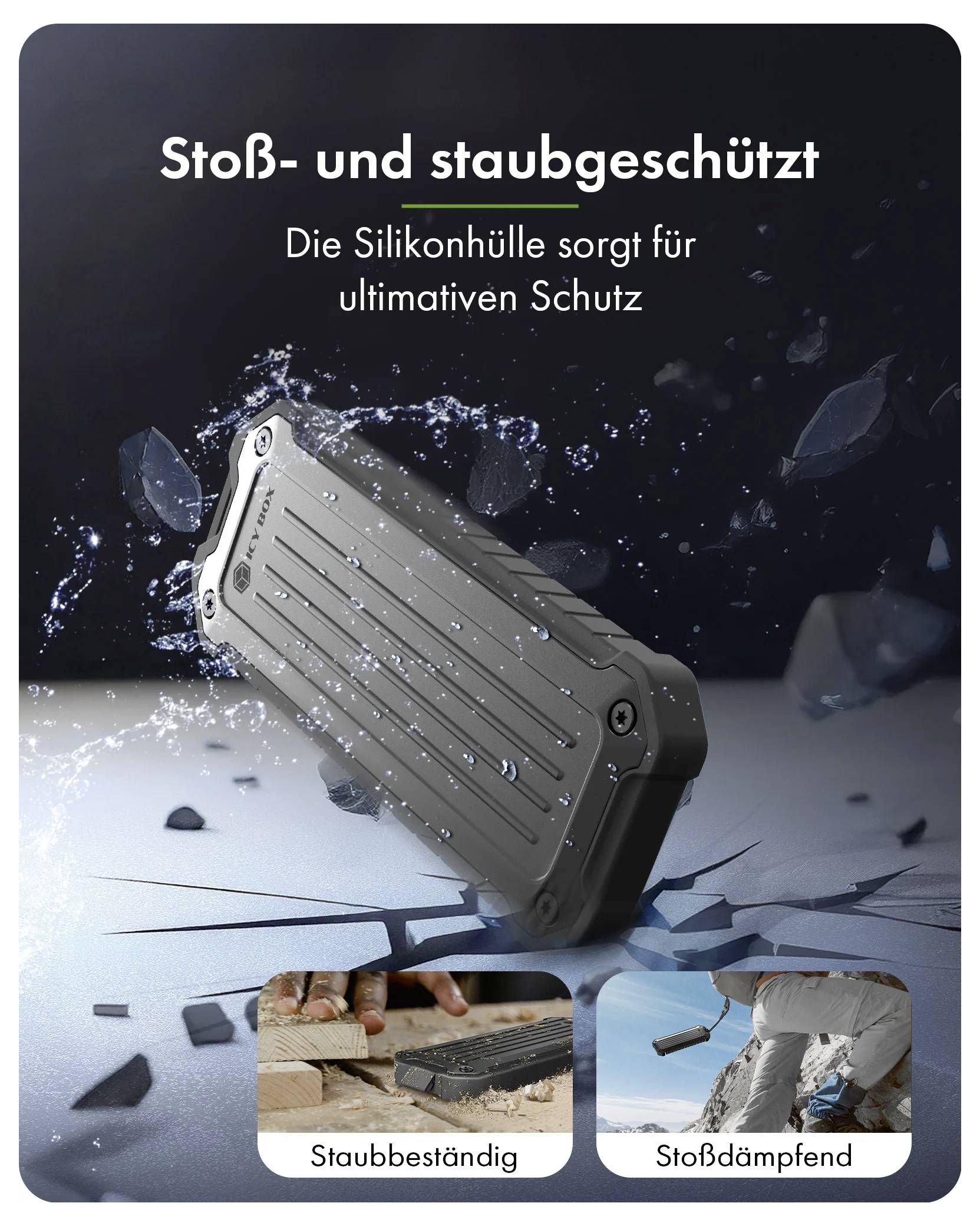 Корпус для M.2 SSD-накопителей ICY BOX IB-1827MCP-C31 с разъемами USB-C® (USB 3.2 Gen 2), 10 Гбит/с, M.2 PCIe, NVMe, SATA 2230, 22