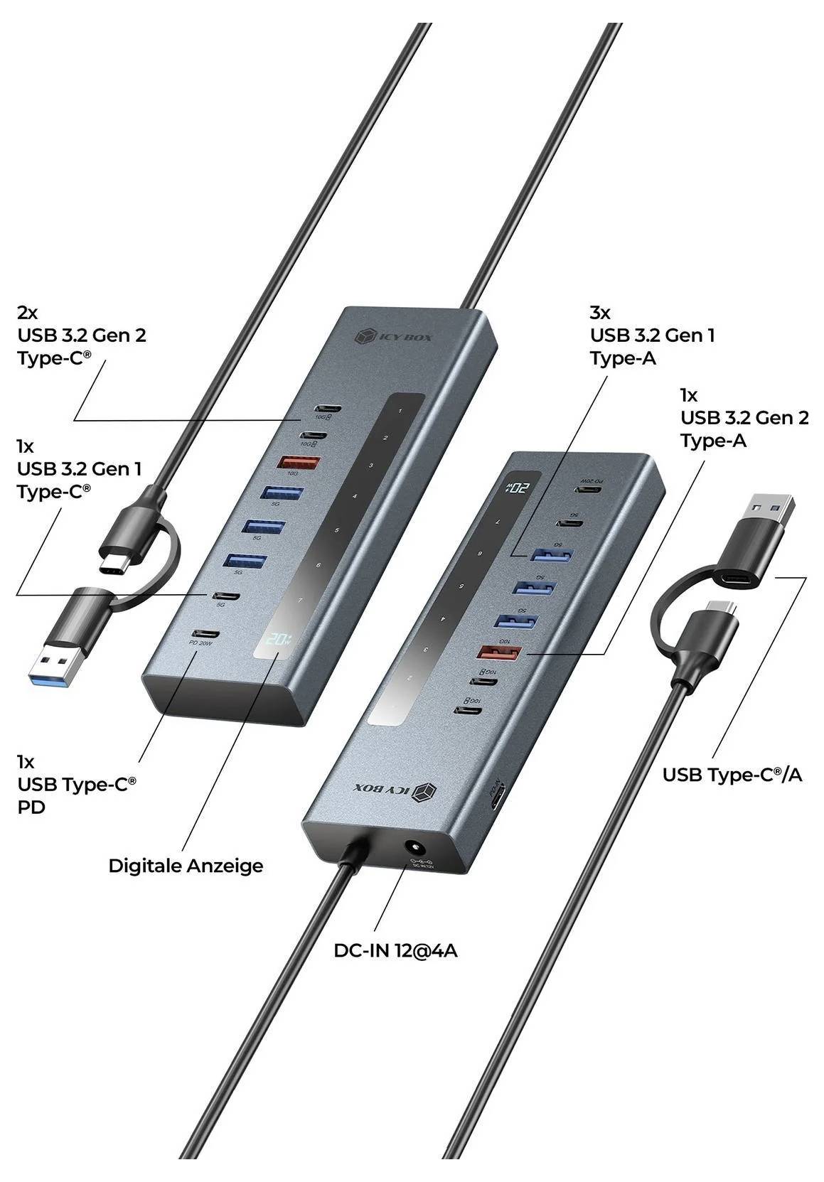 USB-концентратор ICY BOX 61158 с 7+1 портами USB-C® (USB 3.2 Gen 2), USB-C® (USB 3.2 Gen 1), USB-C® (с поддержкой Power Delivery),