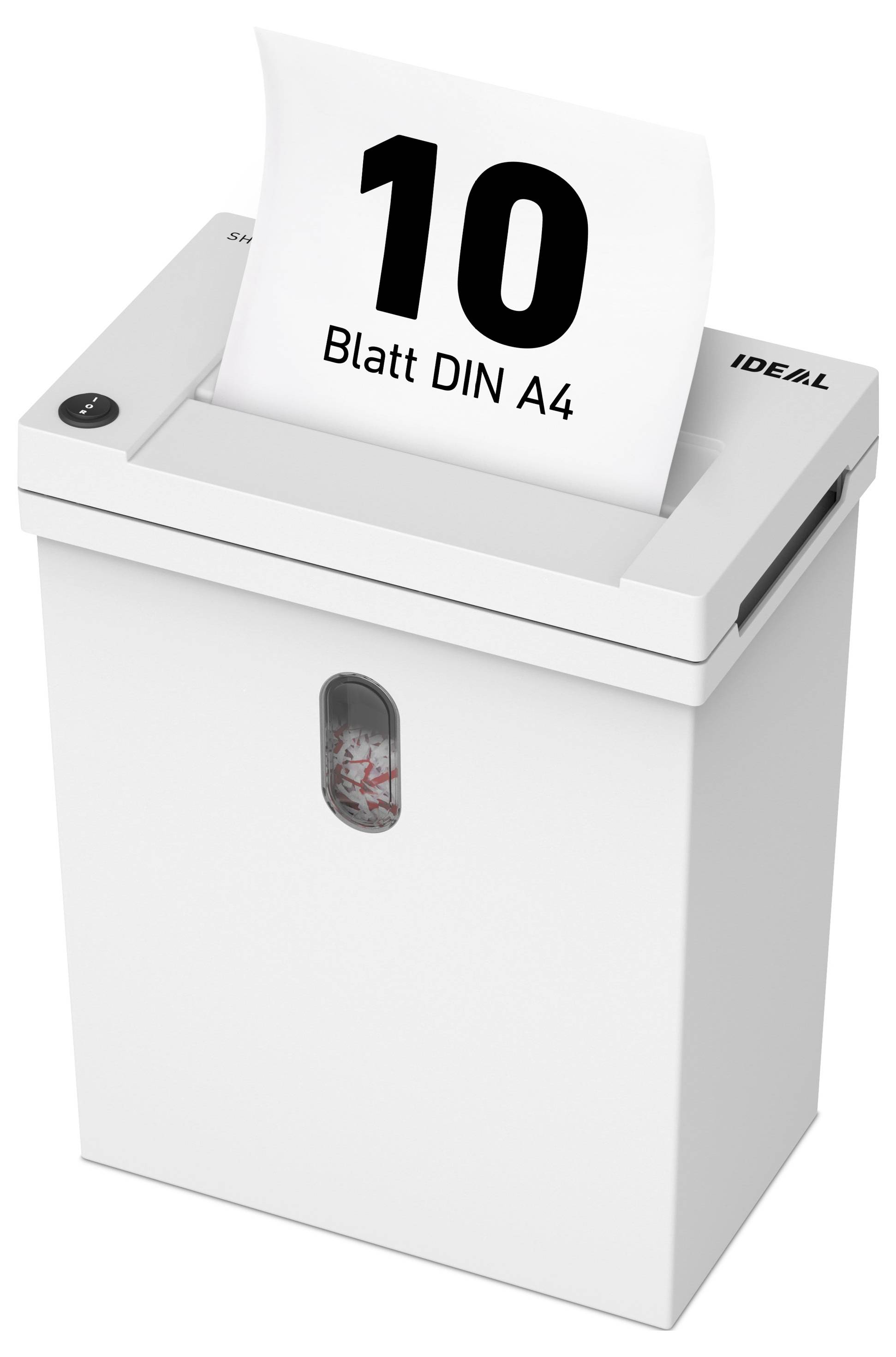 Niszczarka dokumentów niszczy 10 arkuszy papieru DIN A4; okienko obserwacyjne pokazuje pokrojoną papier.