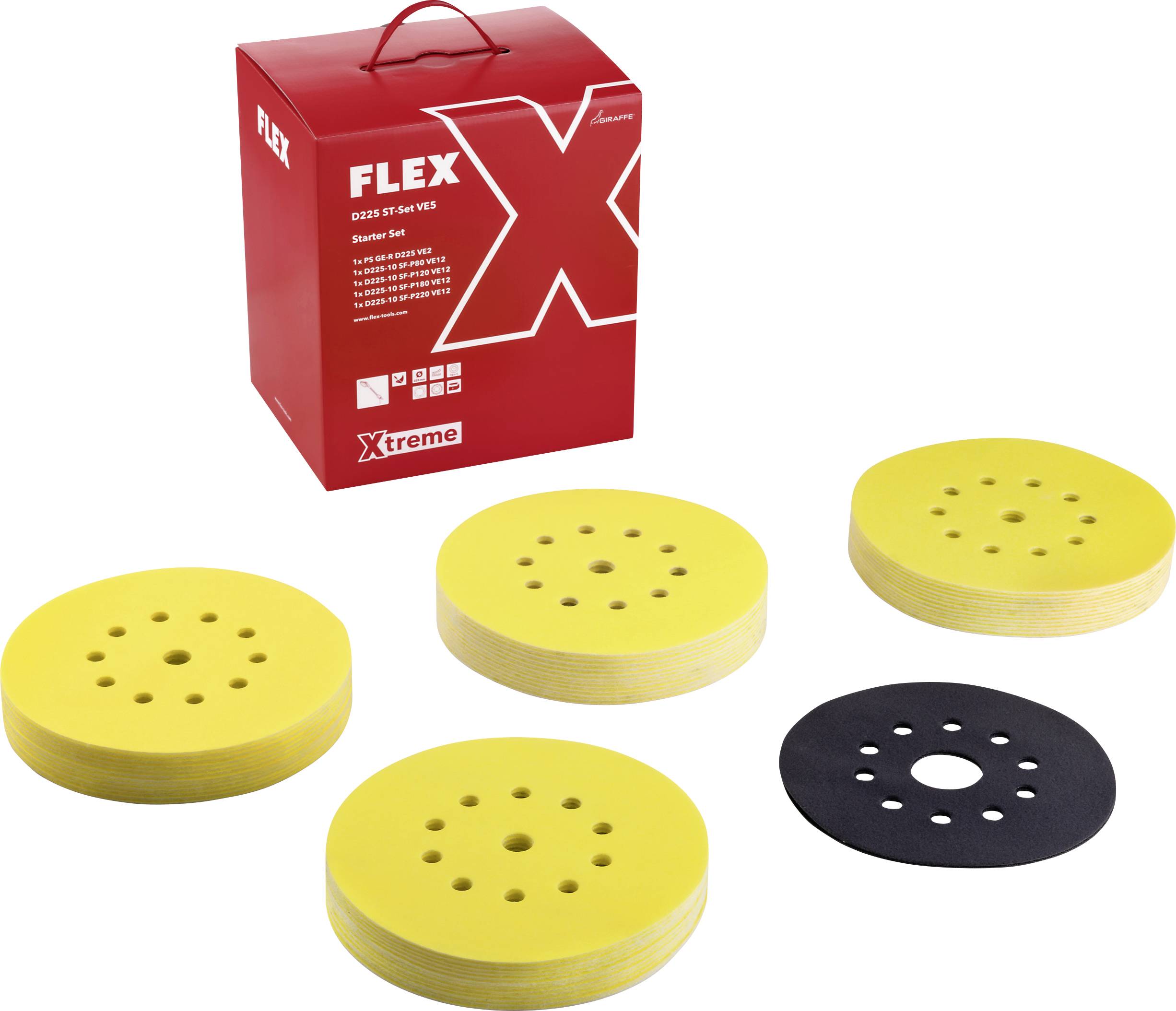 Czerwone pudełko zestawu startowego FLEX Xtreme z pięcioma okrągłymi podkładkami ścierными, czterema żółtymi i jedną czarną, ułożone na białym tle.
