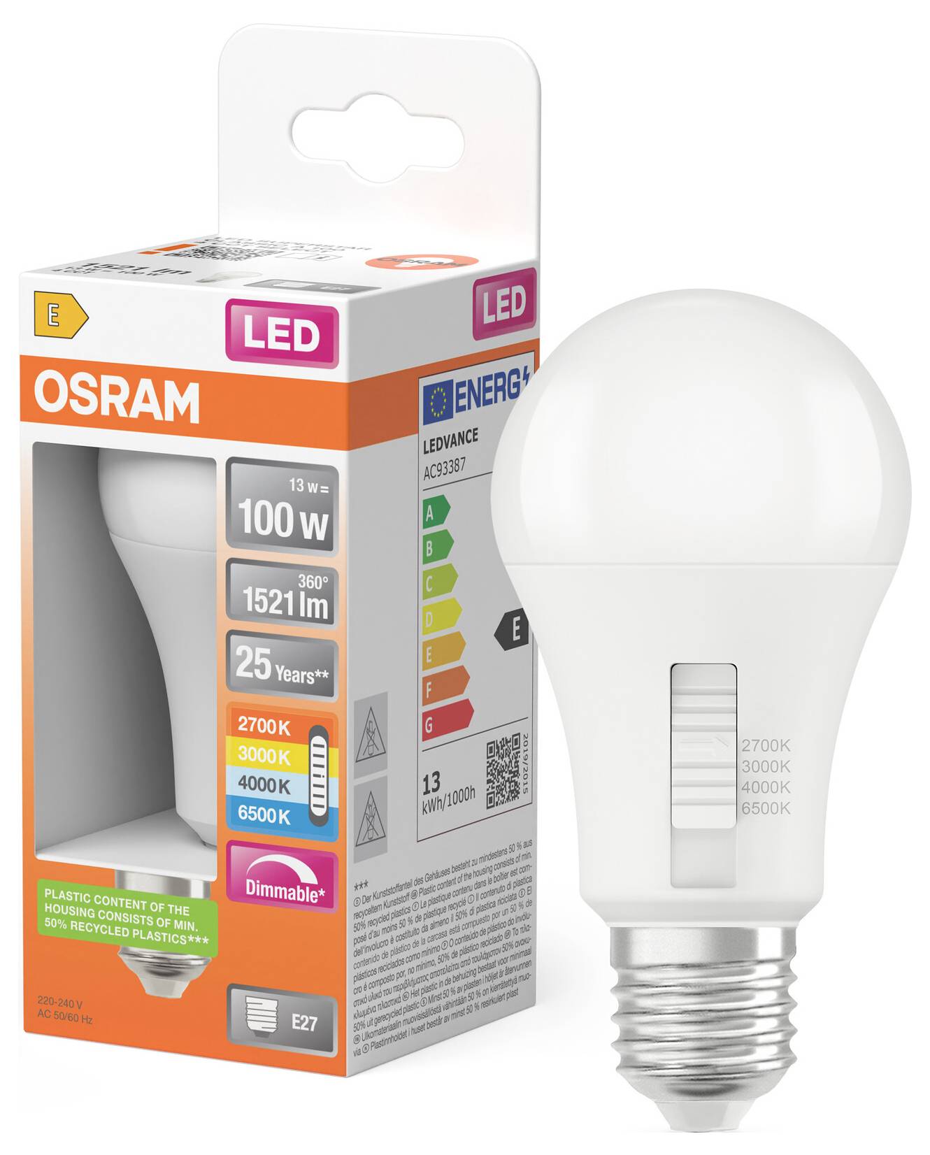 Светодиодная лампа OSRAM HOMELIGHTING 4099854771057 E-27 13 Вт, теплый белый дневной свет, 1 шт.