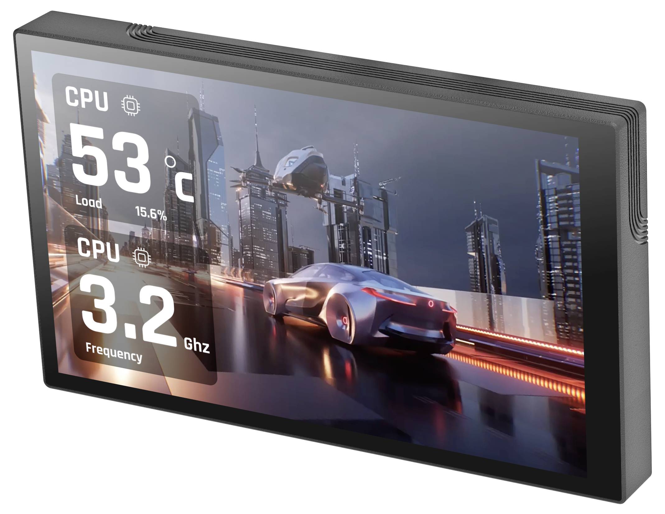 Szeroki wyświetlacz pokazujący futurystyczną scenę wyścigu samochodowego z nakładką statystyk systemu: CPU 53°C, obciążenie 15,6% i częstotliwość 3,2 GHz.