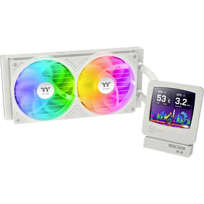 Biały chłodnica procesora z dwiema wentylatorami, chłodzeniem cieczą, kolorowymi świecami RGB i małym ekranem sterującym wyświetlającym temperaturę i prędkość procesora.