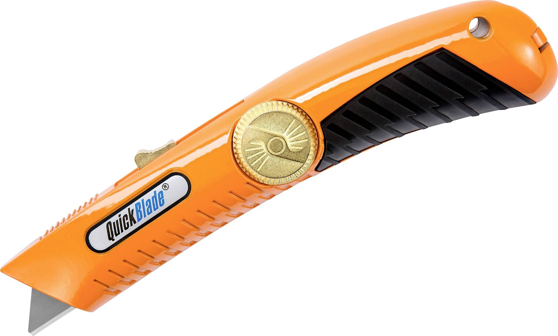 Nóż narzędziowy Orange QuickBlade z wysuwającym się ostrzem i czarnym uchwytem, pokazany na białym tle.