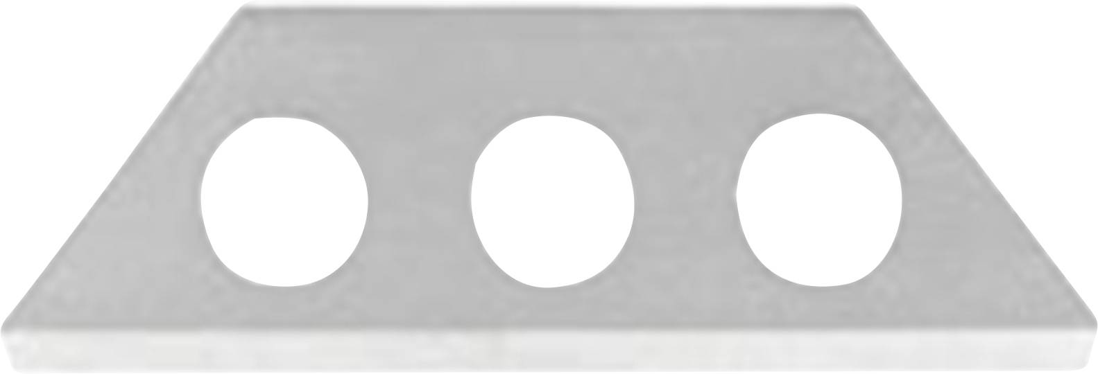 Szara metalowa belka z trzema równomiernie rozmieszczonymi okrągłymi otworami, widok z przodu na białym tle.