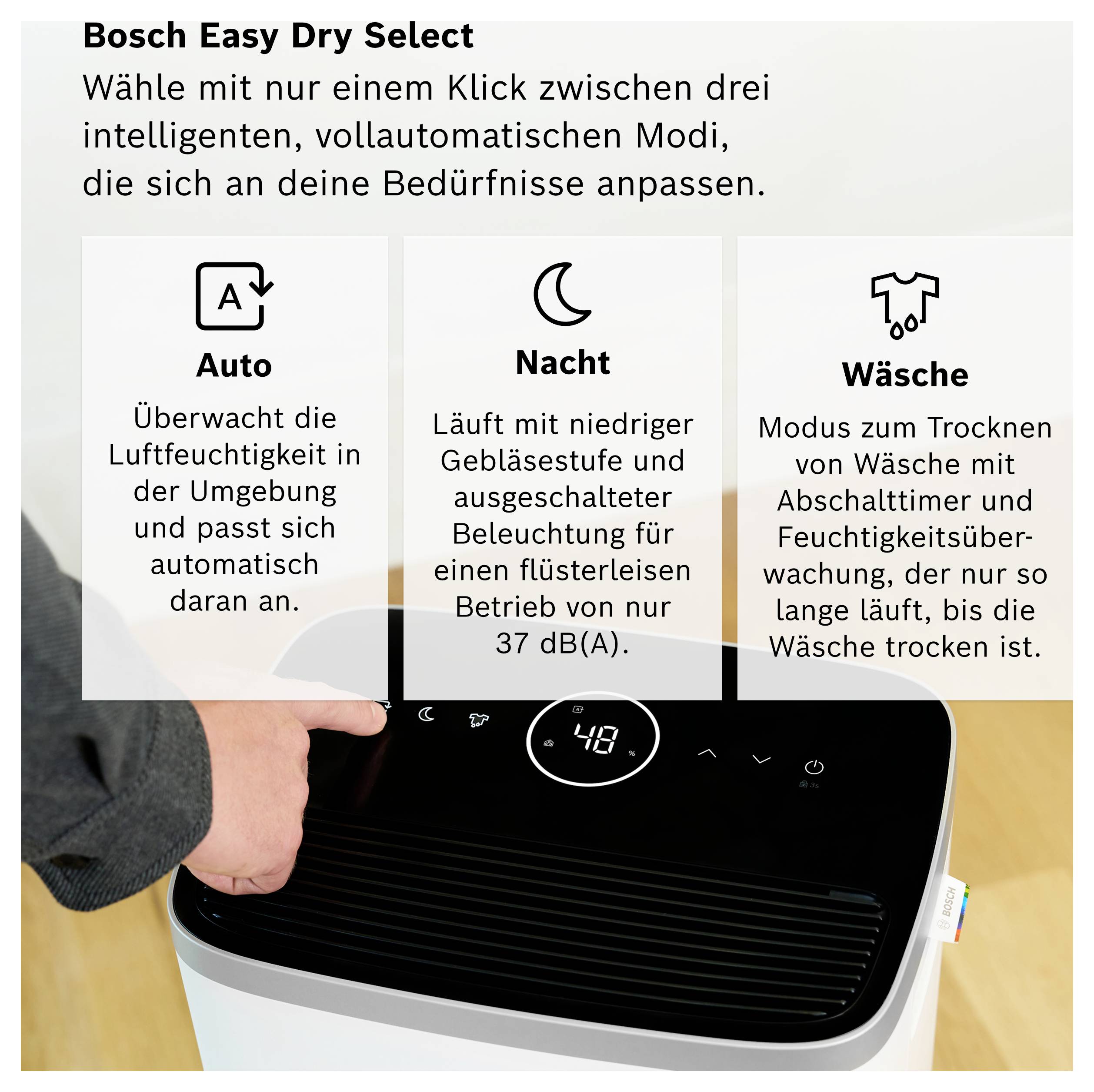Bosch Easy Dry Select: Suszarka z trzema trybami – Auto, Noc i Pranie; wyświetlacz pokazuje opcje wyboru z krótkimi opisami.