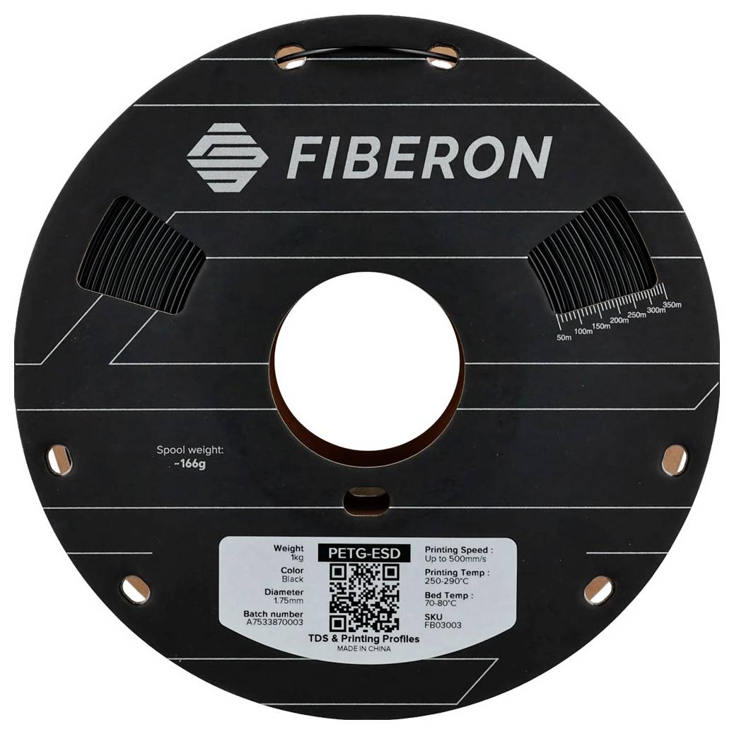 Czarna etykieta cewki FIBERON PETG-ESD z informacjami o produkcie, kodem QR, wagą cewki 166g i skalą długości filamentu.