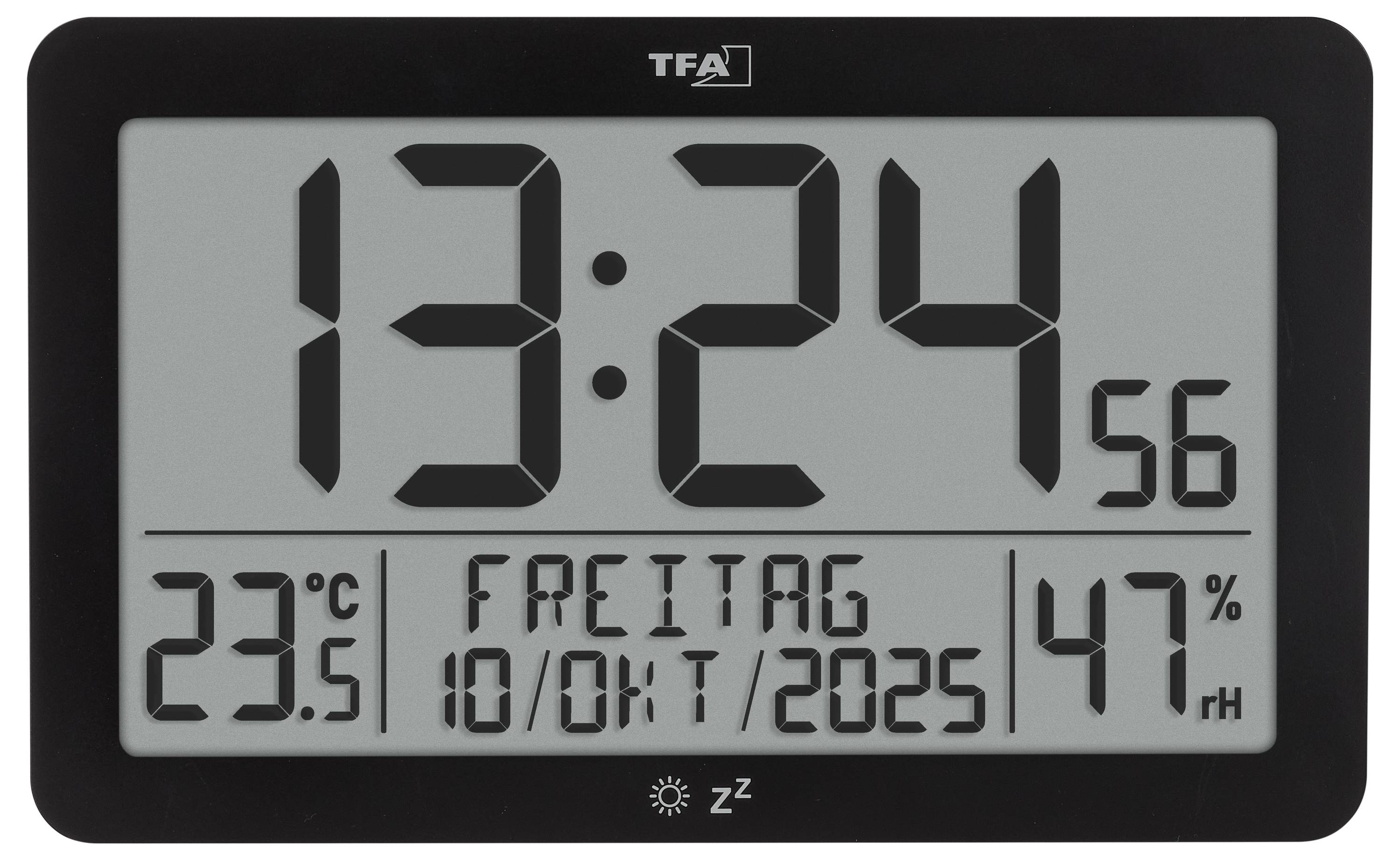 Cyfrowy wyświetlacz stacji meteorologicznej pokazujący 13:24, 23,5°C, piątek 10/paź/2025 i 47% wilgotności.