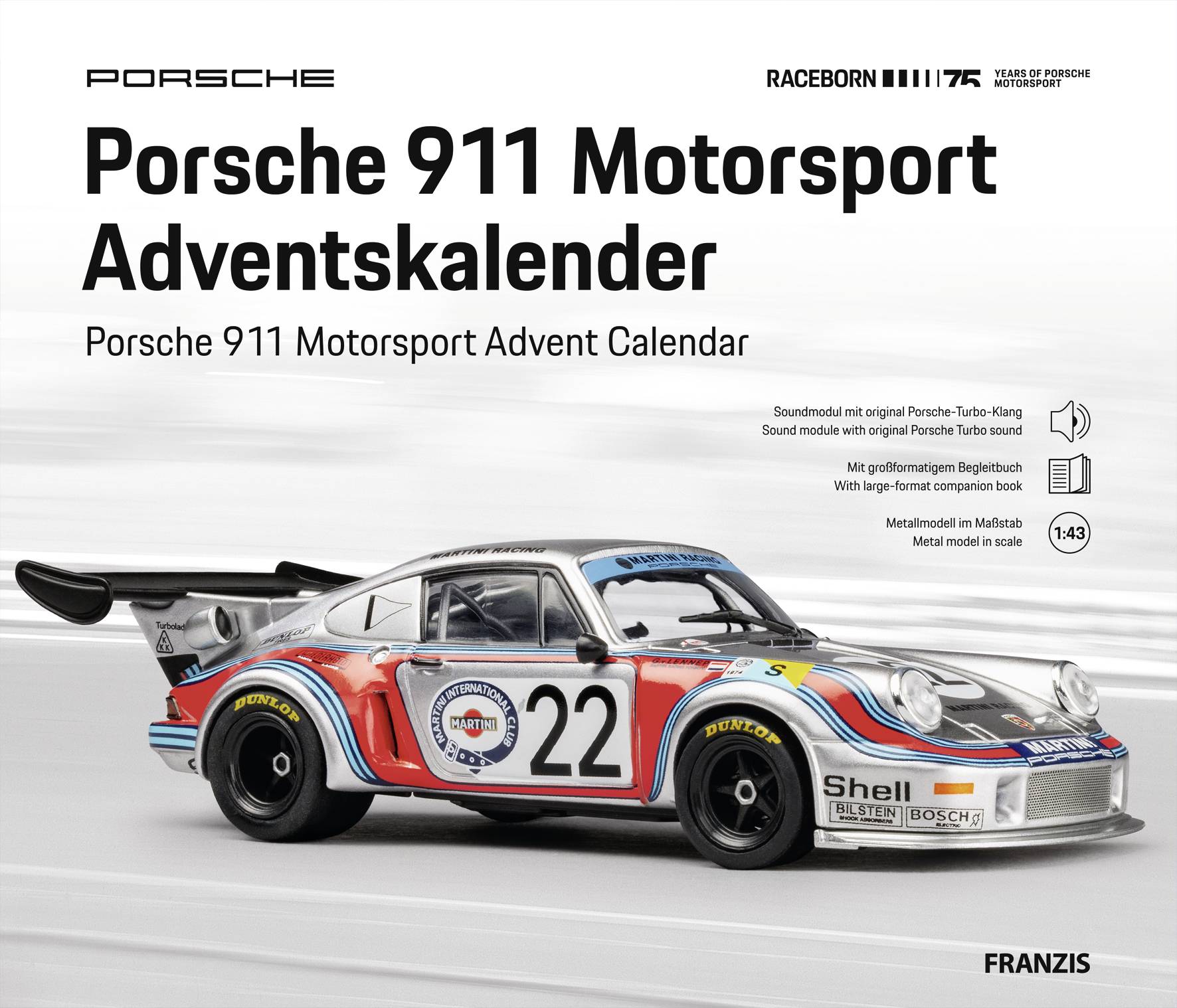 Pudełko produktu Porsche 911 Motorsport Adventskalender pokazujące biały, czerwony i niebieski model samochodu wyścigowego Porsche o numerze 22, z tekstem tytułu w języku niemieckim i angielskim.