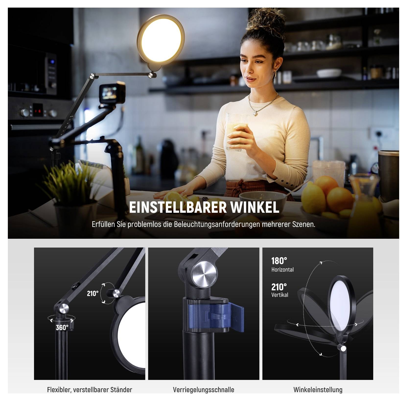 Obraz produktu regulowanego pierścienia świetlnego ze zwijanym statywem, zaciskiem blokującym i regulacją kąta 180° w poziomie/210° w pionie do oświetlenia w wielu scenariuszach.