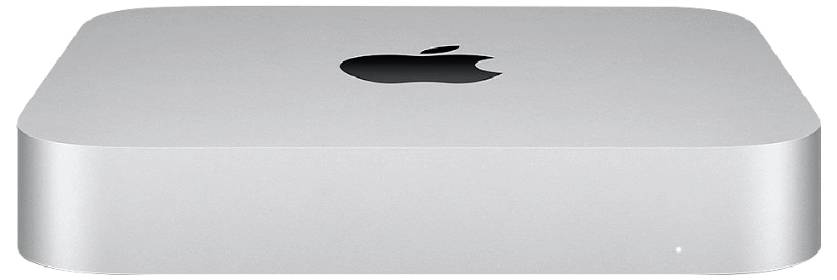 Srebrny komputer stacjonarny Apple Mac mini widoczny z góry, z czarnym logiem Apple wyśrodkowanym na górze.